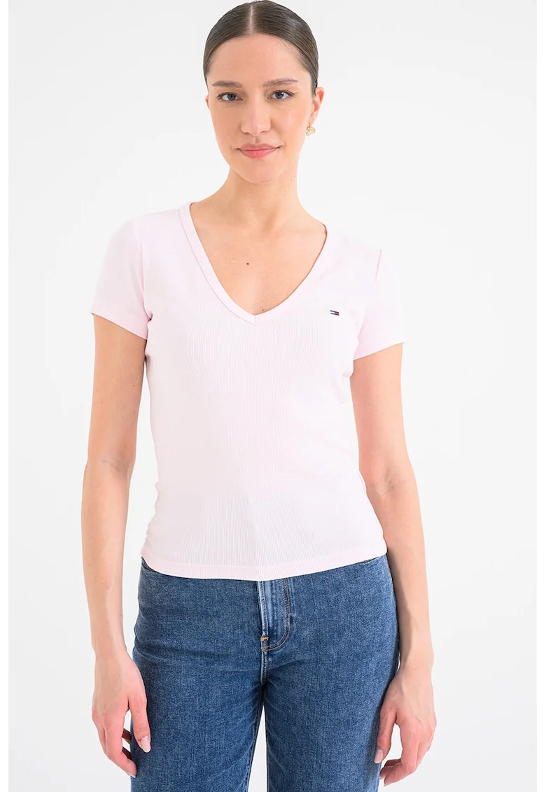 Tricou slim fit cu decolteu in V, Roz deschis