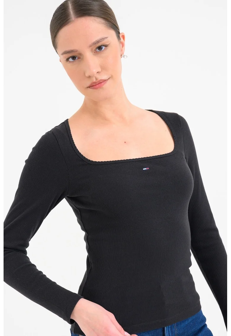 Bluza slim fit cu decolteu patrat, Negru