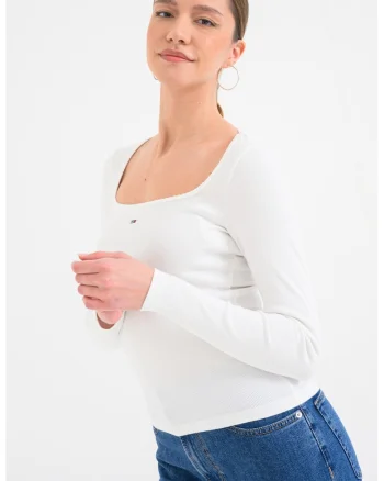 Bluza slim fit cu decolteu patrat, Alb