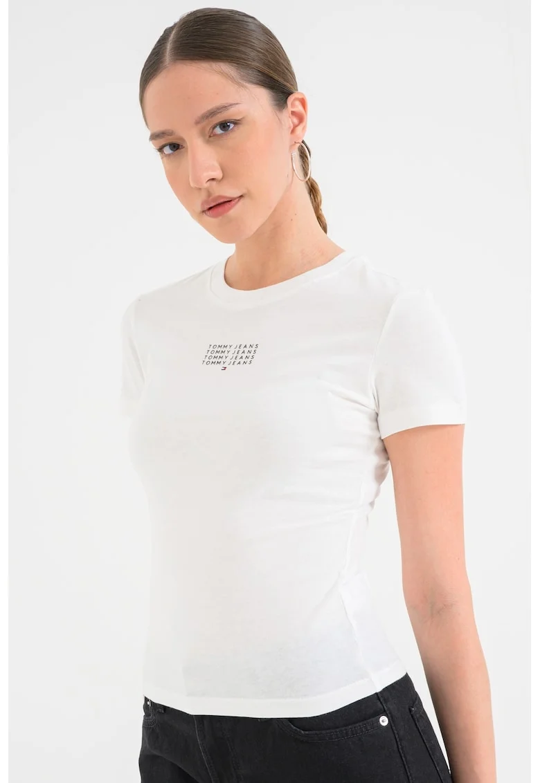 Tricou slim fit cu decolteu la baza gatului, Alb