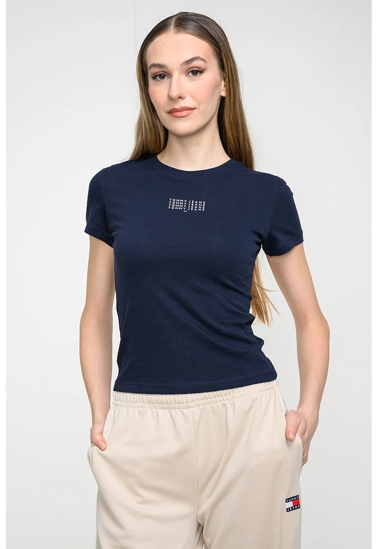Tricou slim fit cu decolteu la baza gatului, Albastru ultramarin