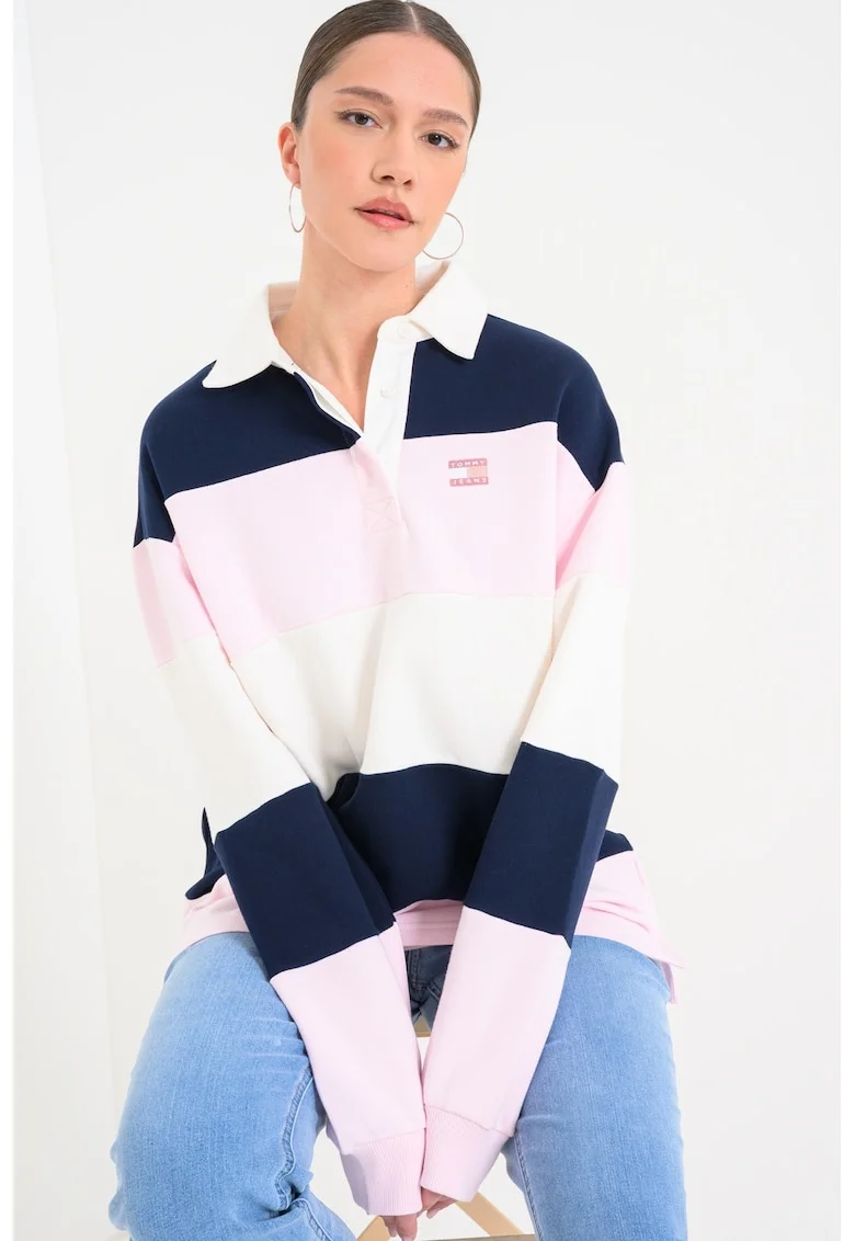 Bluza polo de trening din bumbac, Roz deschis/Bleumarin