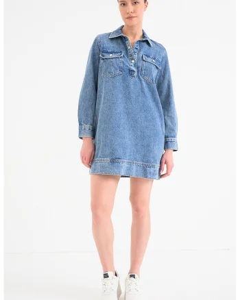 Rochie-camasa mini din denim, Albastru melange