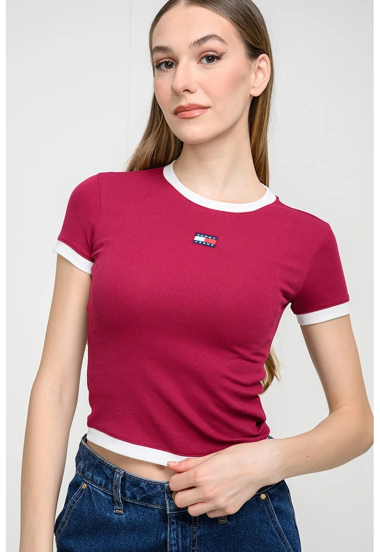 Tricou crop slim fit, Roz zmeuriu