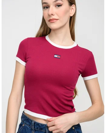 Tricou crop slim fit, Roz zmeuriu