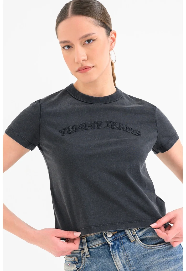 Tricou crop cu logo, Gri antracit