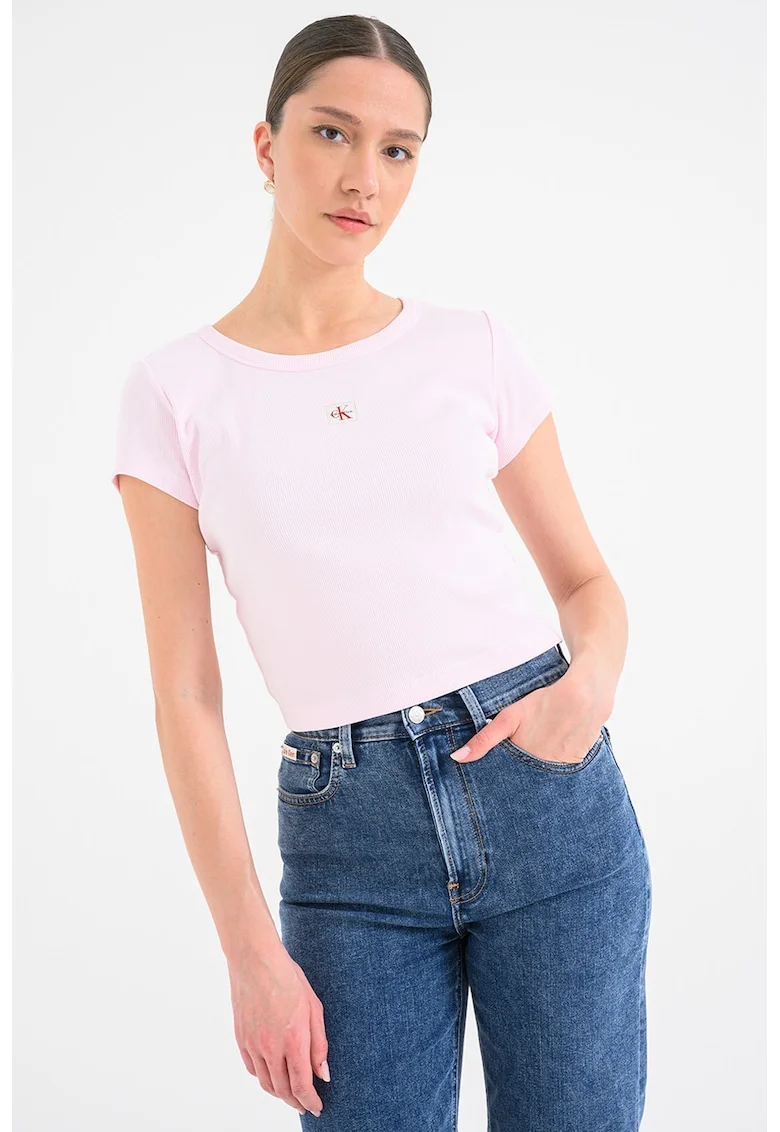 Tricou crop cu croiala slim fit, Roz deschis