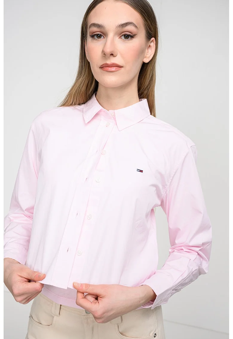 Camasa crop relaxed fit cu logo discret, Roz deschis