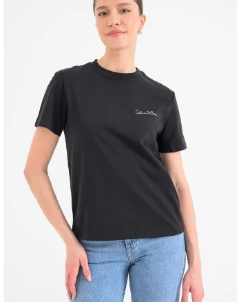 Tricou de bumbac cu decolteu la baza gatului, Negru