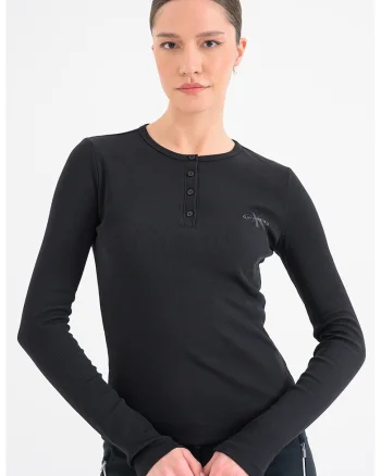 Bluza slim fit cu fenta cu nasturi, Negru