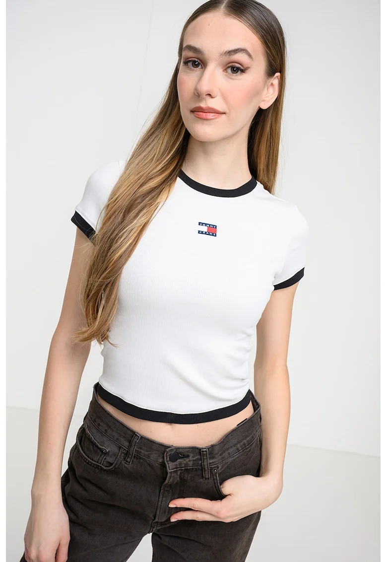 Tricou crop slim fit, Alb