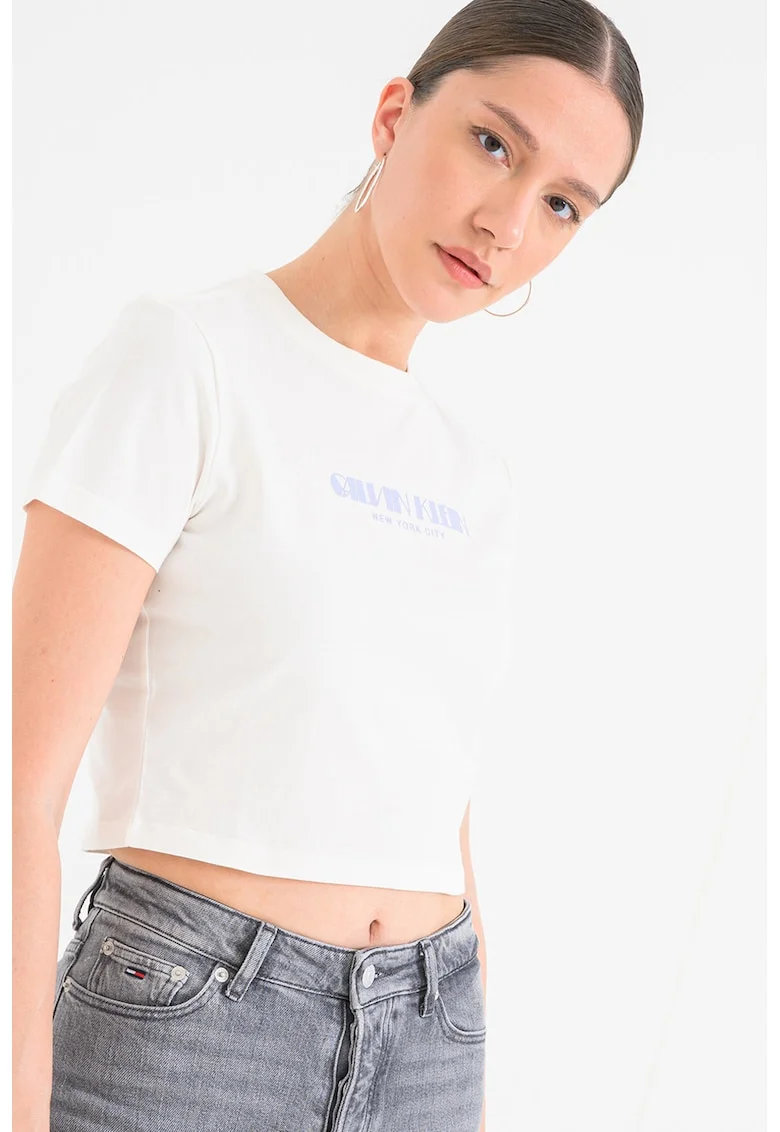 Tricou crop de bumbac cu imprimeu logo, Crem