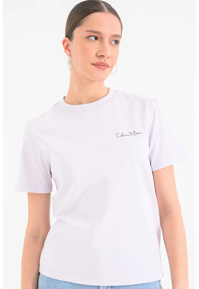 Tricou de bumbac cu decolteu la baza gatului, Lila