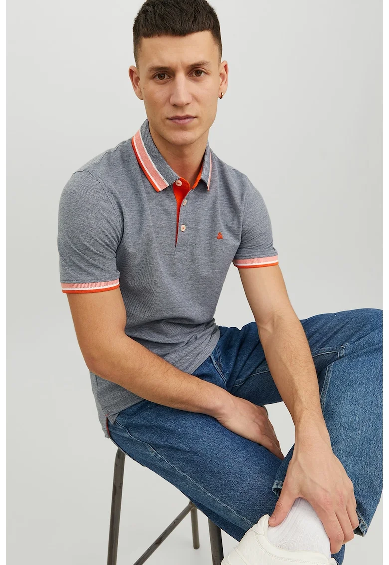 Tricou polo slim fit de bumbac organic Paulos, Portocaliu/Albastru inchis