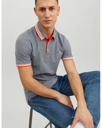Tricou polo slim fit de bumbac organic Paulos, Portocaliu/Albastru inchis