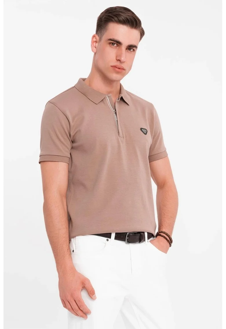 Tricou polo cu fenta cu fermoar, Maro inchis