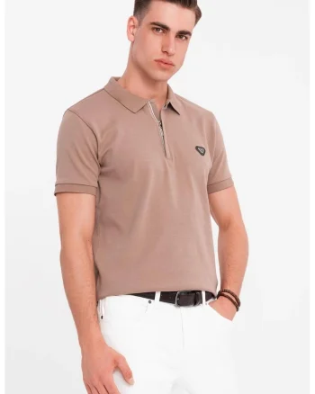 Tricou polo cu fenta cu fermoar, Maro inchis