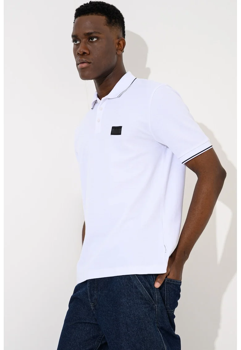 Tricou polo regular fit din pique, Negru/Alb optic