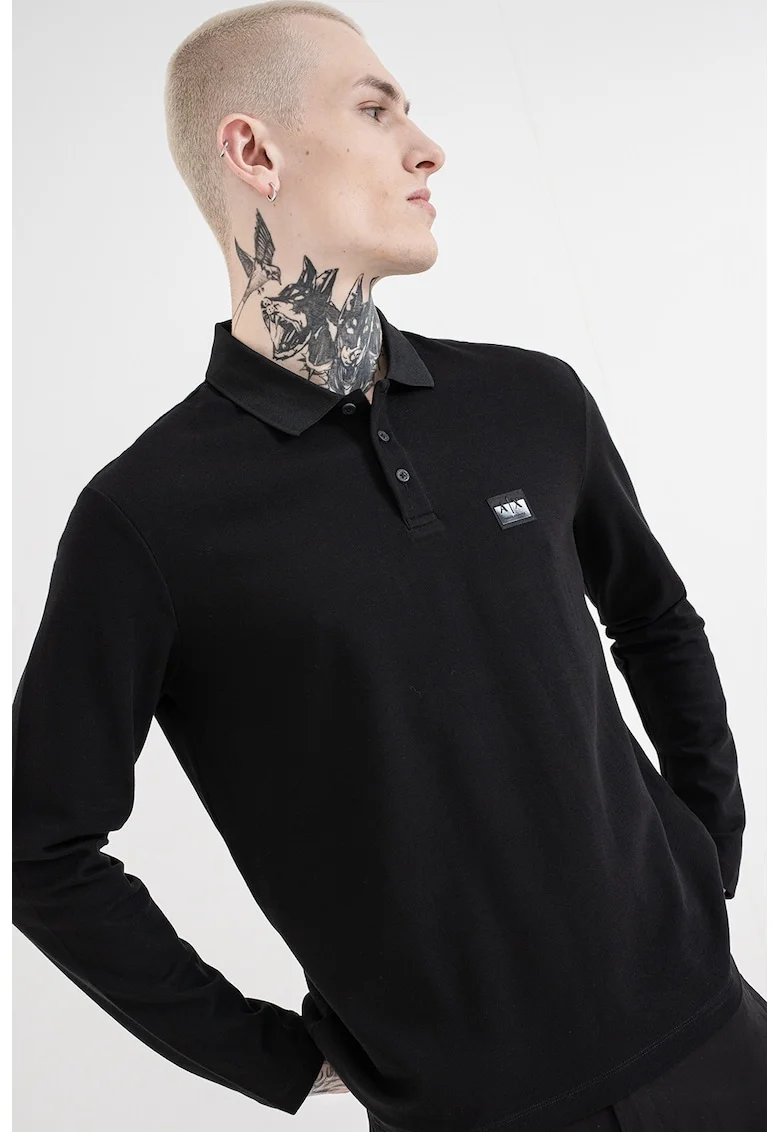 Bluza polo regular fit din pique, Negru