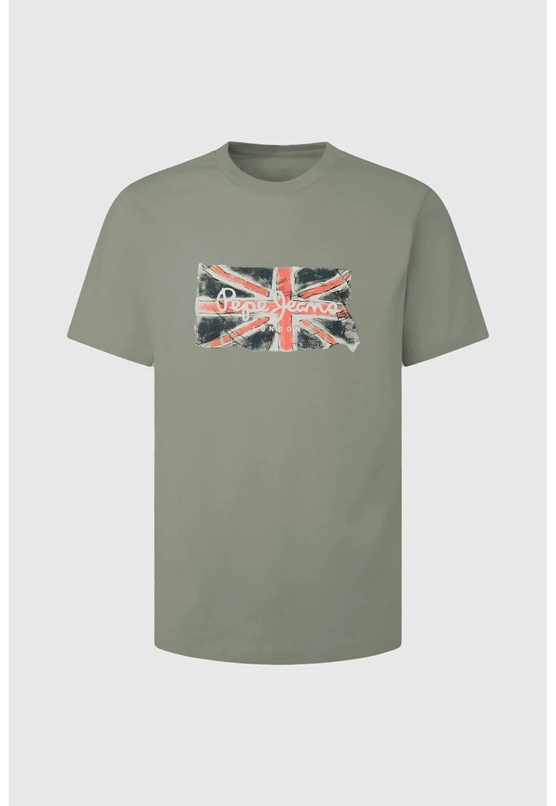 Tricou cu imprimeu logo si decolteu la baza gatului Clag, Coral/Verde sparanghel/Alb murdar
