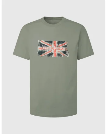 Tricou cu imprimeu logo si decolteu la baza gatului Clag, Coral/Verde sparanghel/Alb murdar