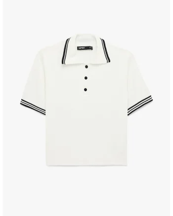 Pulover crop polo cu terminatii contrastante, Alb murdar