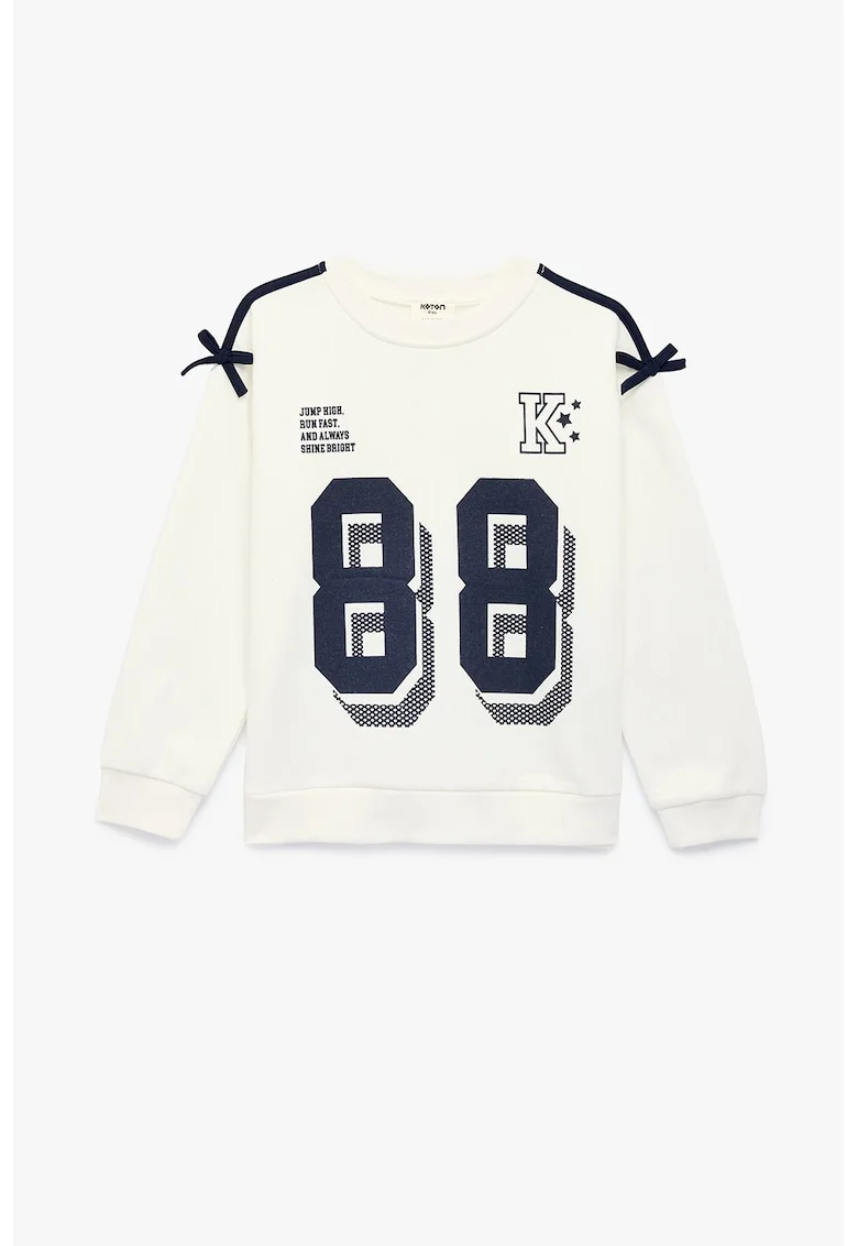 Bluza de trening din amestec de bumbac cu imprimeu text, Crem/Bleumarin