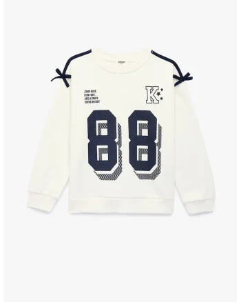 Bluza de trening din amestec de bumbac cu imprimeu text, Crem/Bleumarin