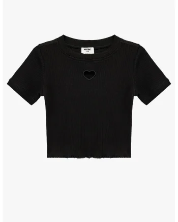 Tricou crop cu decupaj in forma de inima, Negru