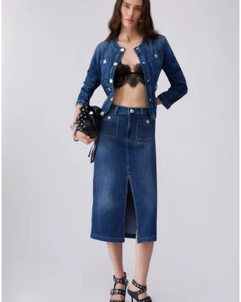 Fusta midi din denim, Bleumarin