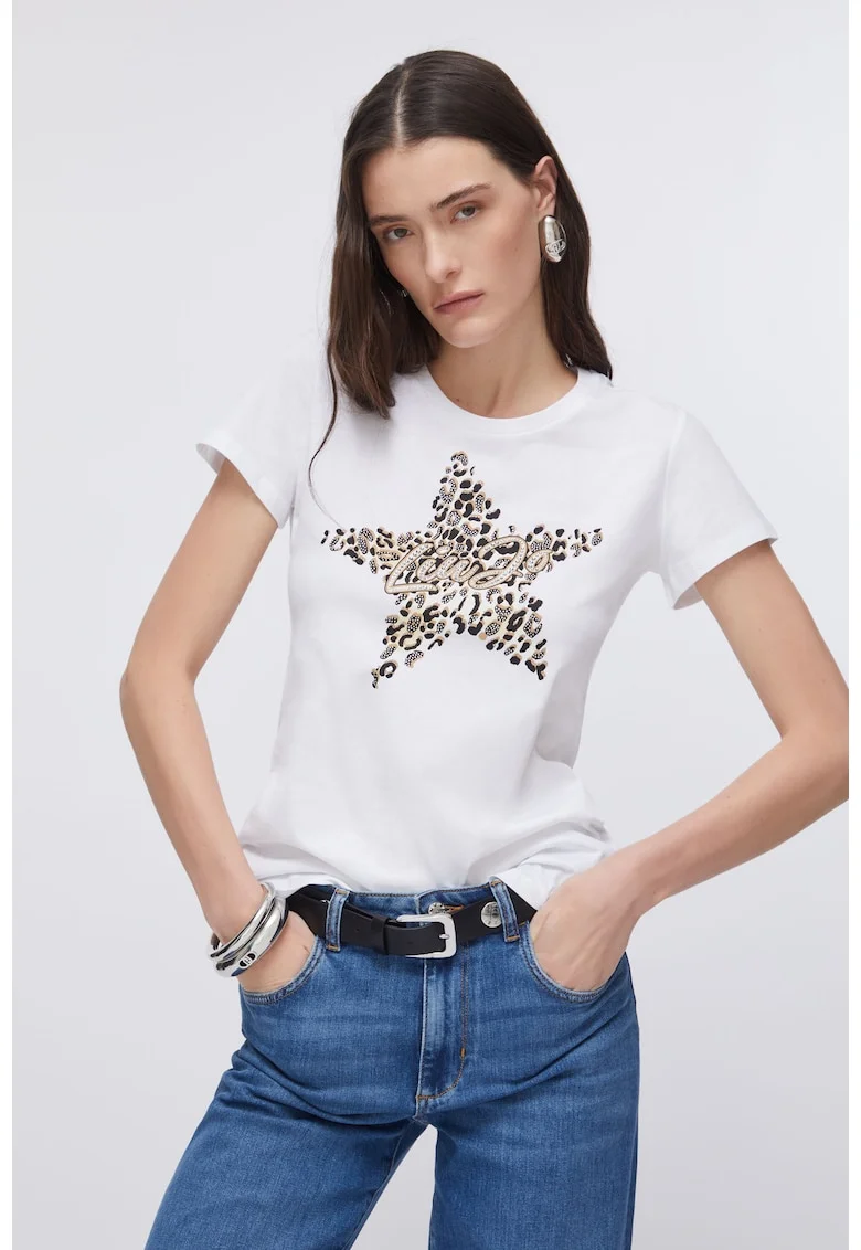 Tricou cu decolteu la baza gatului si logo cu strasuri, Alb
