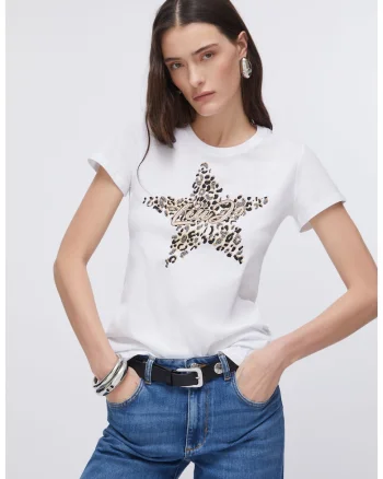 Tricou cu decolteu la baza gatului si logo cu strasuri, Alb