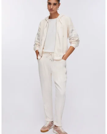 Pantaloni de trening cu benzi laterale cu strasuri, Bej