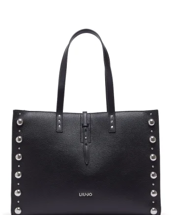 Geanta shopper de piele ecologica cu nituri, Negru