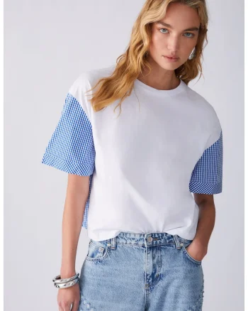 Tricou crop de bumbac, Alb/Albastru