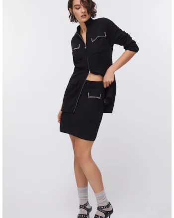 Cardigan lung cu fermoar si cordon, Negru