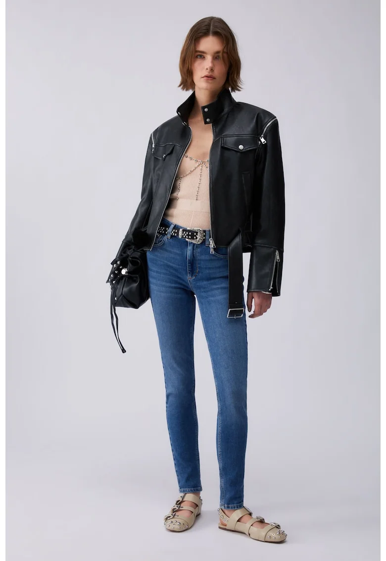 Blugi skinny cu talie inalta si strasuri, Bleumarin