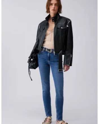 Blugi skinny cu talie inalta si strasuri, Bleumarin