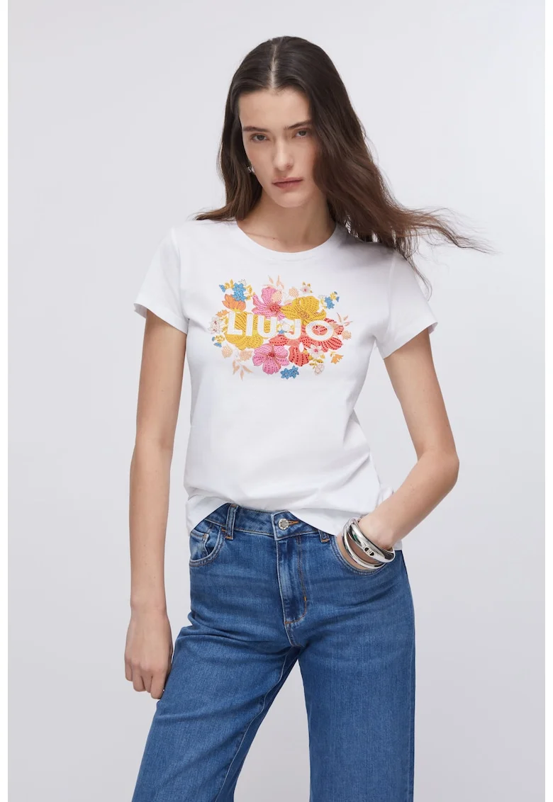Tricou cu decolteu la baza gatului si logo cu strasuri, Alb/Galben/Roz