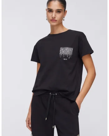 Tricou de bumbac cu buzunar cu strasuri, Negru