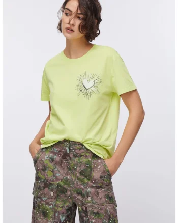 Tricou de bumbac cu imprimeu si aplicatii, Galben
