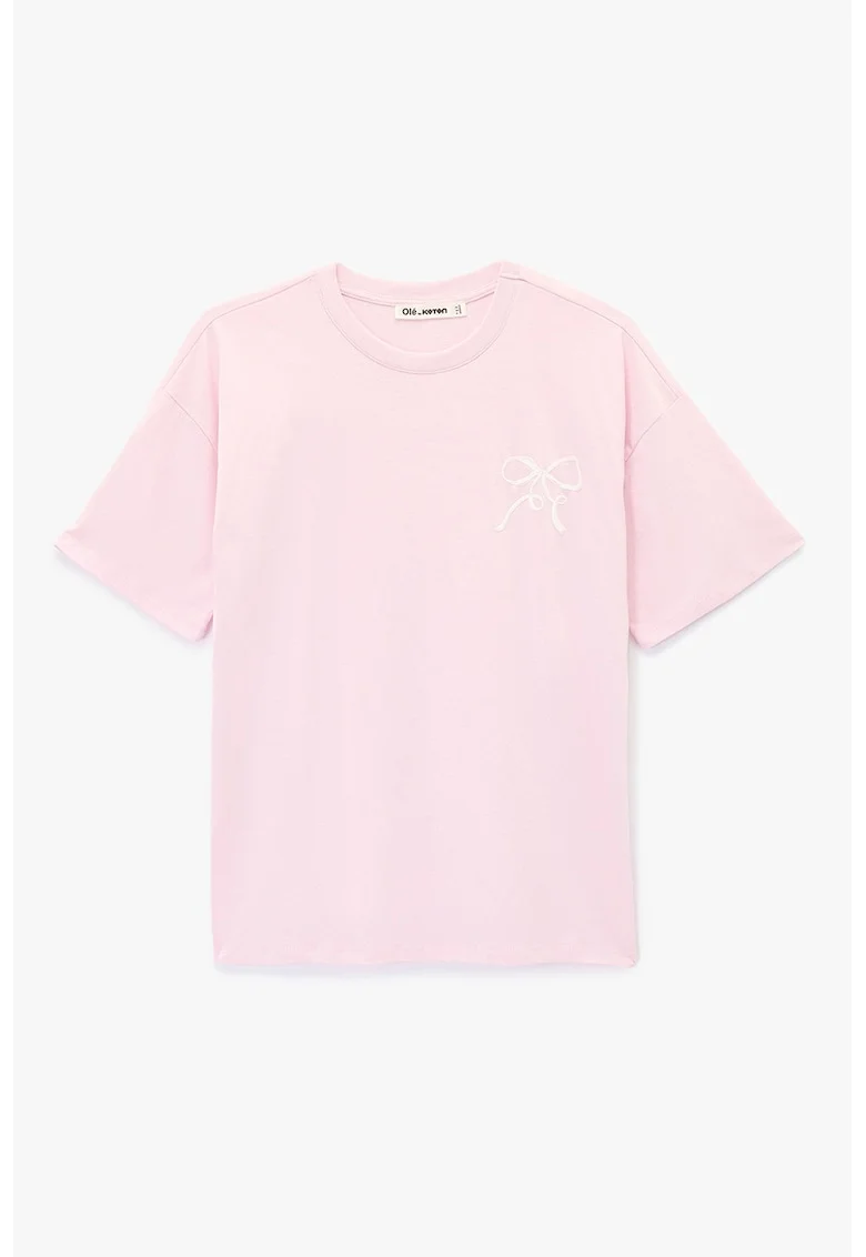 Tricou din bumbac cu decolteu la baza gatului, Alb/Roz pastel