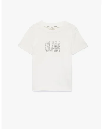 Tricou striat cu text cu strasuri, Alb murdar