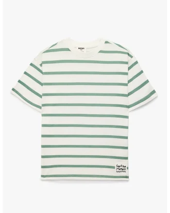 Tricou din bumbac cu dungi, Alb fildes/Verde feriga