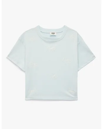 Tricou din bumbac cu aplicatii funde, Alb/Albastru pal