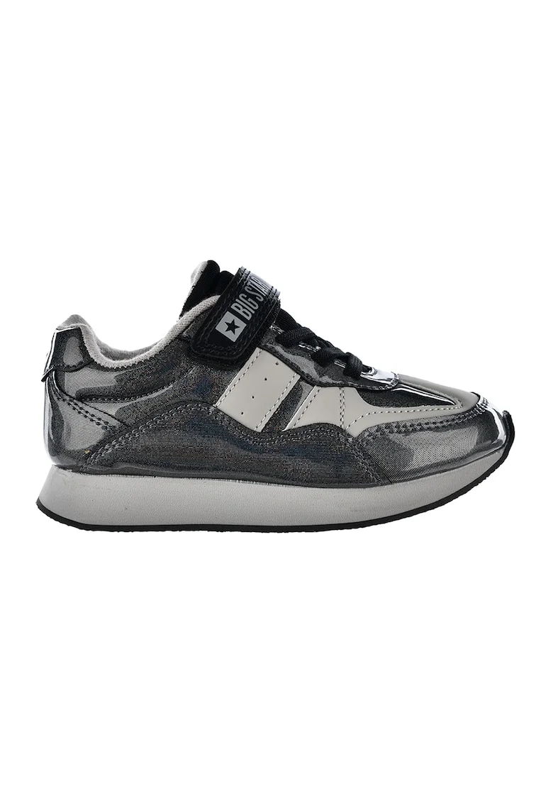 Pantofi sport din piele ecologica cu inchidere velcro, Negru/Gri inchis