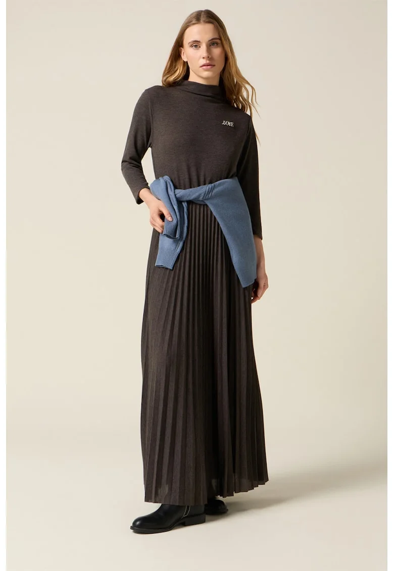 Rochie lunga cu design plisat, Maro inchis