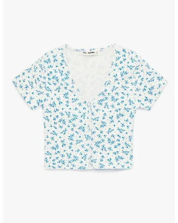 Tricou crop cu decolteu in V, Alb optic/Albastru