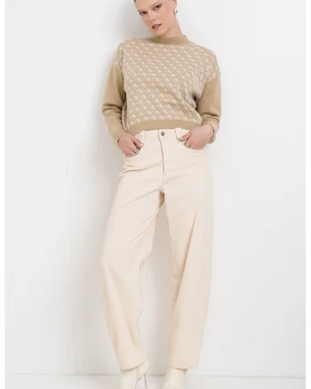 Pulover cu model monograma, Alb/Maro camel