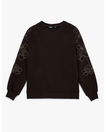 Bluza de trening cu croiala supradimensionata si margele, Maro inchis